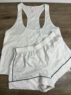 Victoria’s Secret Satin Pajama Set White Monogram Tank & Shorts Size M